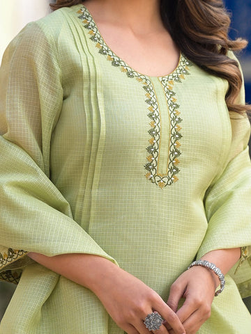 Varanga lime green kota check thread embroidered kurta with bottom and dupatta